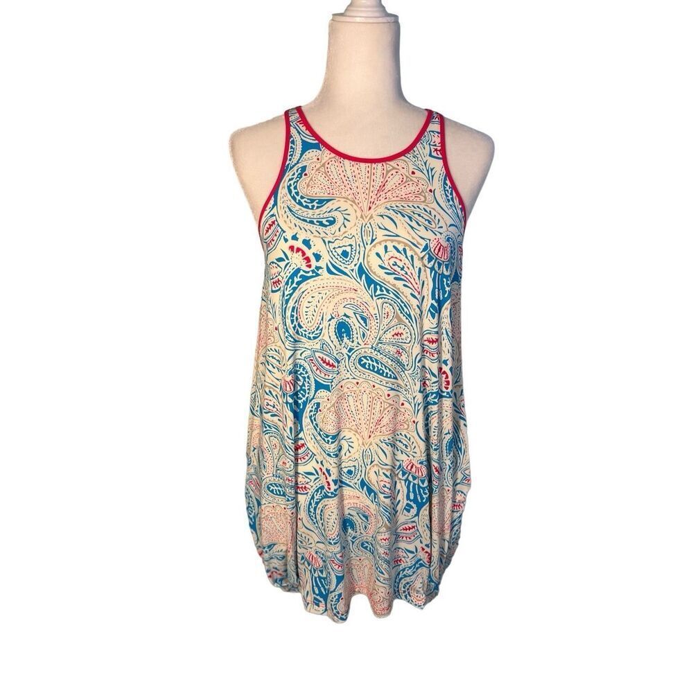 Marc Jacob’s sleeveless white blue and red paisley patterned swim coverup with p